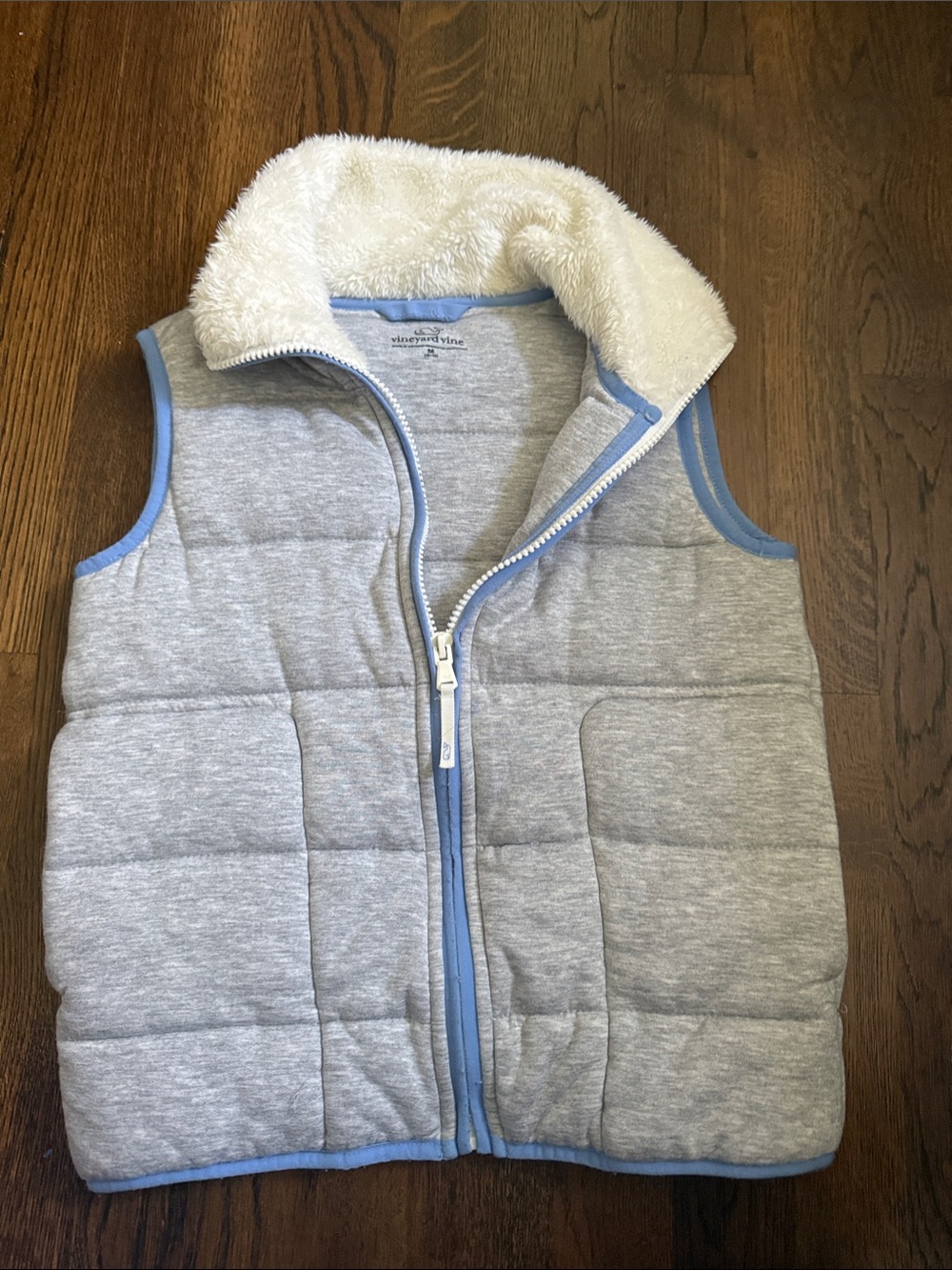 Vineyard Vines Light Gray Quilted Vest with Cream Sherpa Collar and Blue Trim